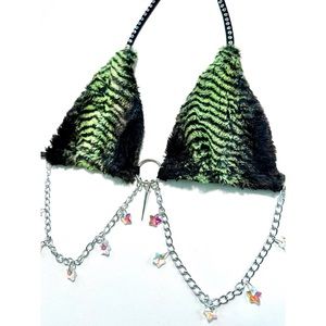 Fur Fuzzy Green and Black Zebra Rave Bikini Top
